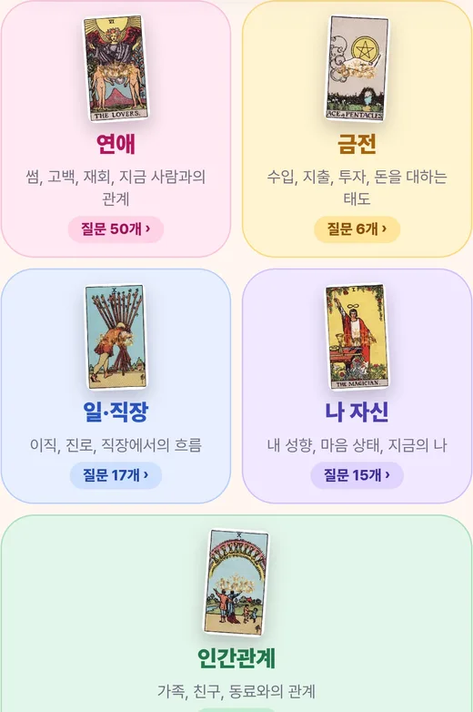 질문 골라 뽑기 화면 — 연애, 금전, 일·직장, 나 자신, 인간관계 다섯 분류와 질문 수