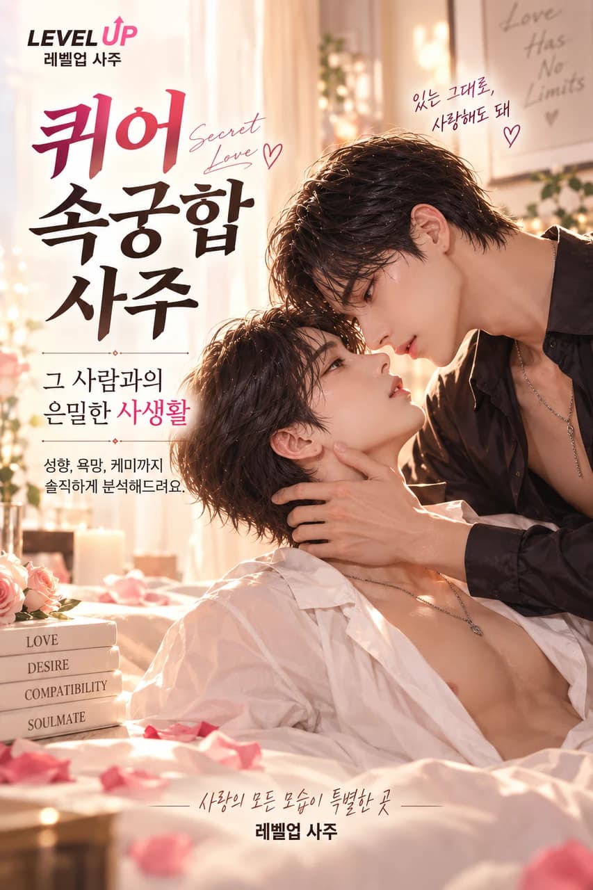 퀴어 속궁합 사주 — 두 남자가 침대에서 서로를 끌어안고 마주 보는 남자 버전 포스터