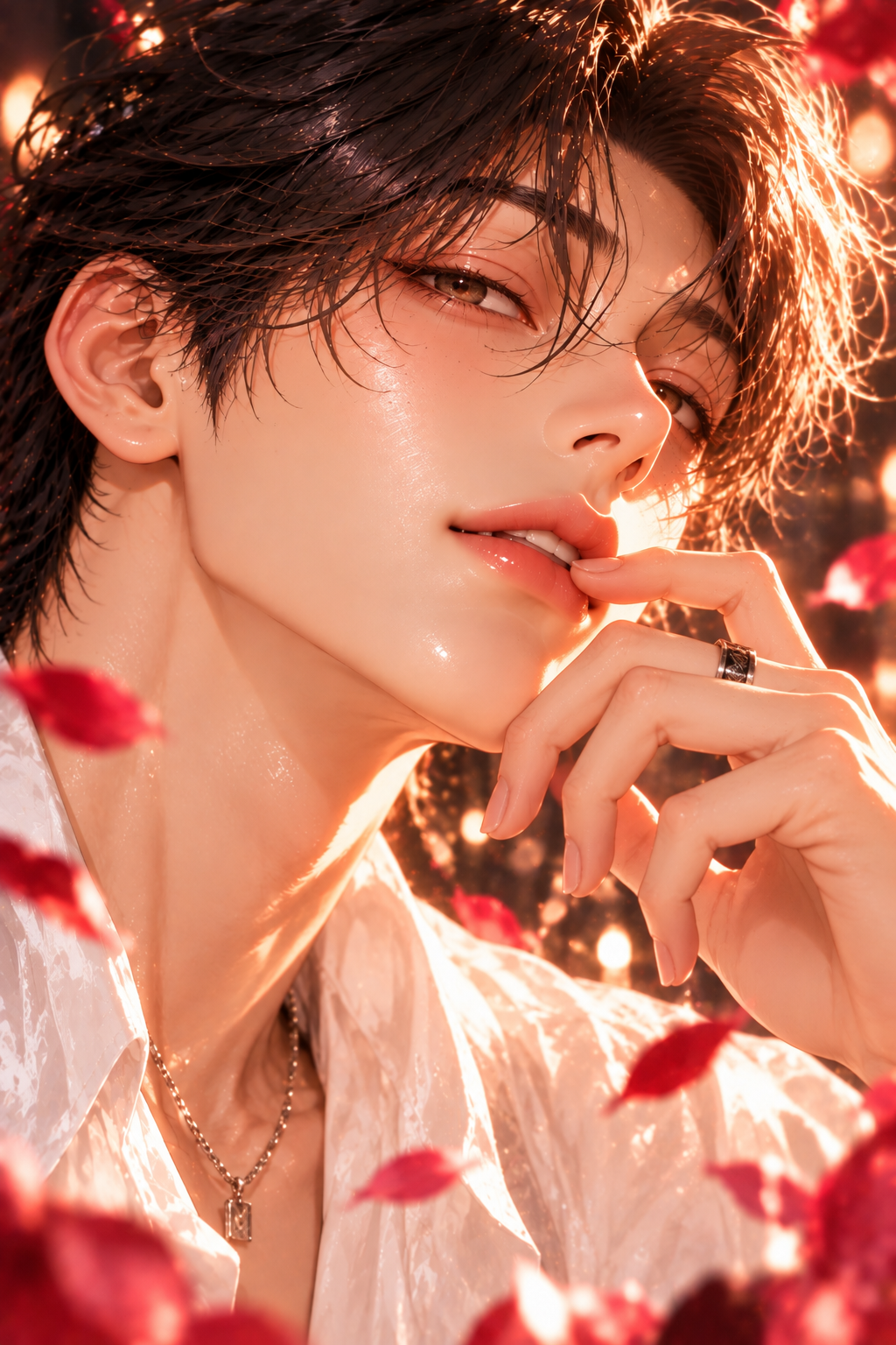 붉은 꽃잎이 흩날리는 배경 앞에서 손가락을 입술에 가볍게 문 클로즈업 — 사람을 끄는 매력 포인트