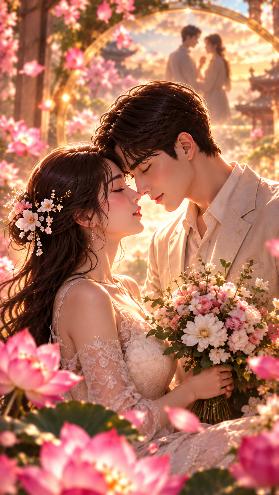 이마를 맞대고 꽃다발을 함께 든 두 사람, 뒤로 흐릿하게 웨딩 차림의 두 사람이 겹쳐 보인다 — 배우자 성향