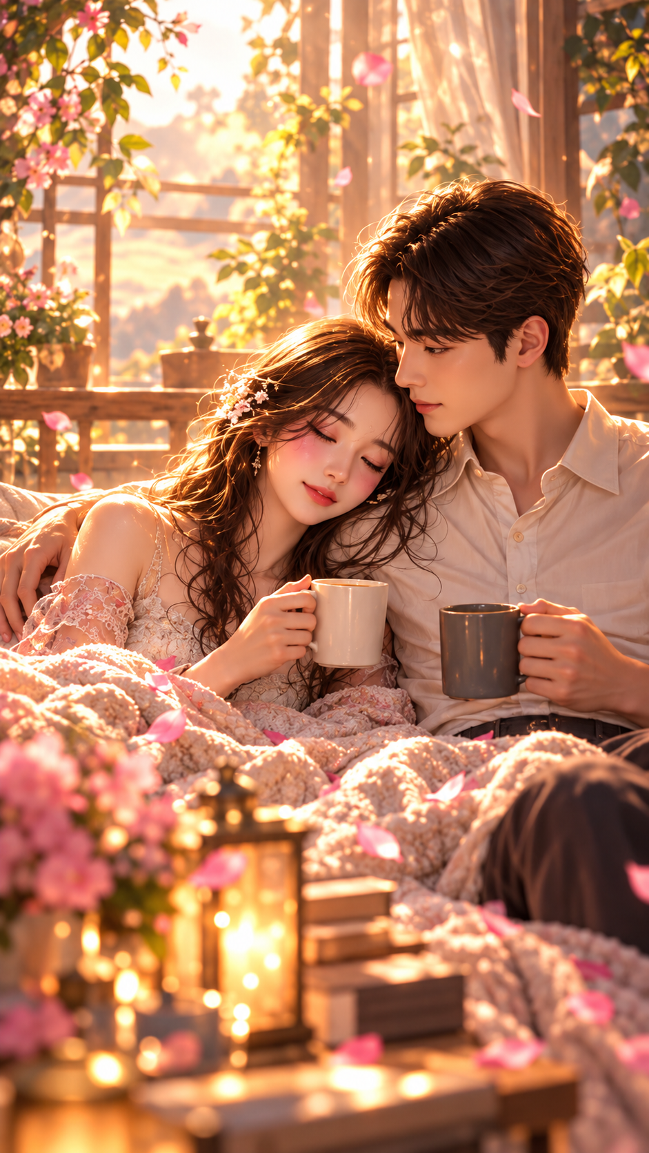 아침 햇살이 드는 방에서 담요를 덮고 머그컵을 든 채 서로 기대어 있는 두 사람 — 결혼생활의 모습