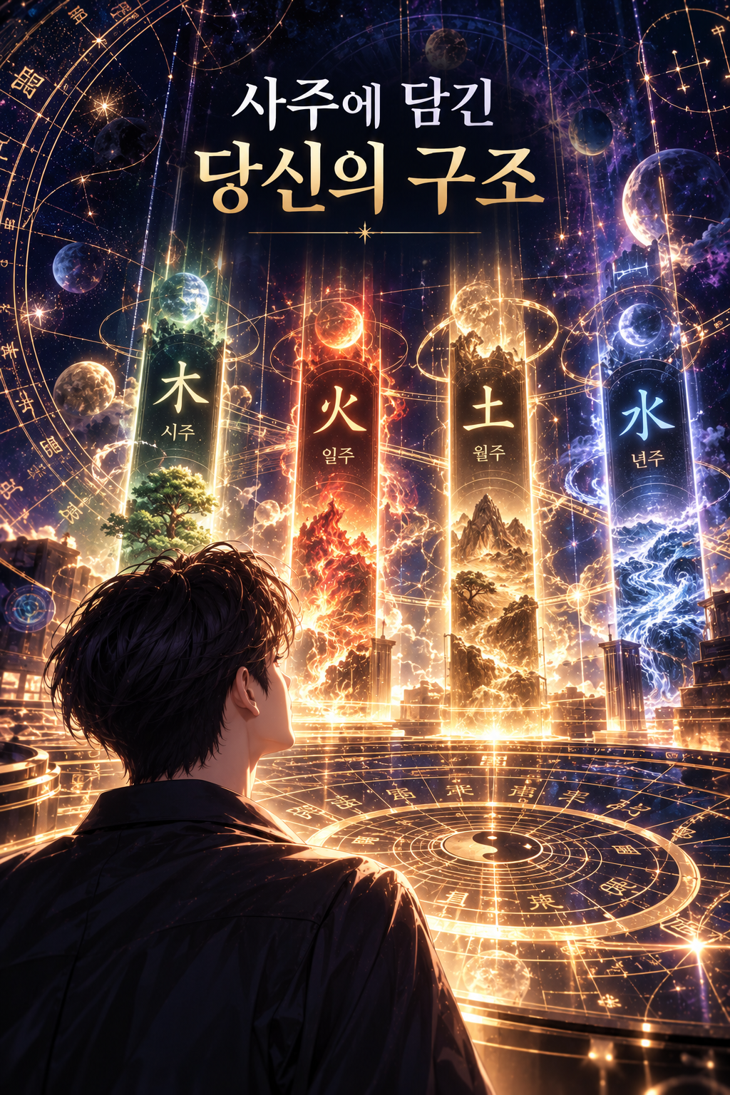 남자 뒤로 목·화·토·수 네 기둥과 음양 원이 빛나는 장면. 그림 속 문구: 사주에 담긴 당신의 구조 — 타고난 기운과 운명의 흐름