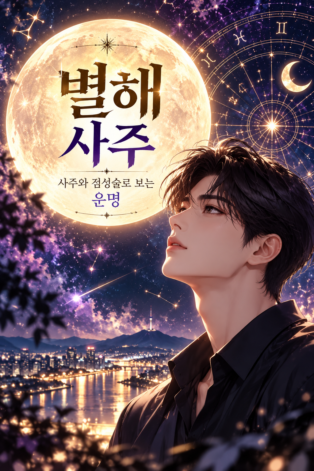 보름달과 별자리를 올려다보는 남자, 달 위에 겹쳐진 글자. 그림 속 문구: 별해사주, 사주와 점성술로 보는 운명