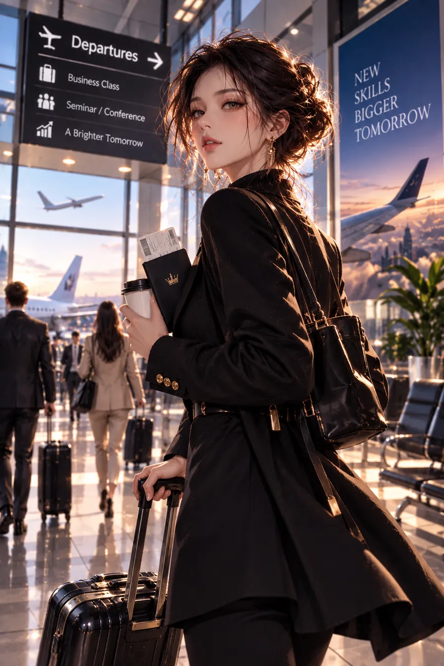 커리어 사주 챕터 5 커리어 방향 — 공항 출국장에서 캐리어를 끌고 커피를 든 채 뒤돌아보는 여성. 그림 속 문구: NEW SKILLS BIGGER TOMORROW