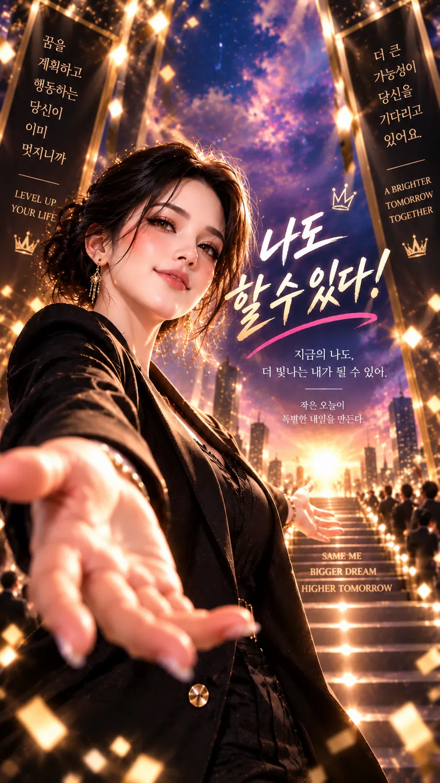 커리어 사주 챕터 7 커리어의 걸림돌 — 빛나는 계단 위에서 손을 내미는 여성. 그림 속 문구: 나도 할 수 있다! 지금의 나도, 더 빛나는 내가 될 수 있어