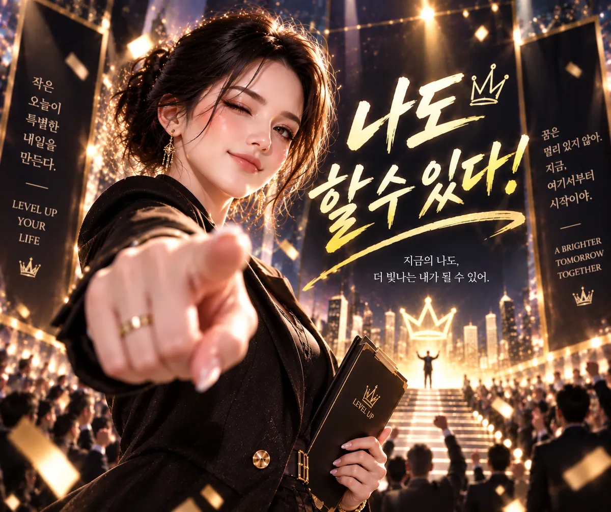 커리어 사주 챕터 9 성공 가능성 — 색종이가 흩날리는 무대에서 화면 밖을 가리키는 여성. 그림 속 문구: 나도 할 수 있다!