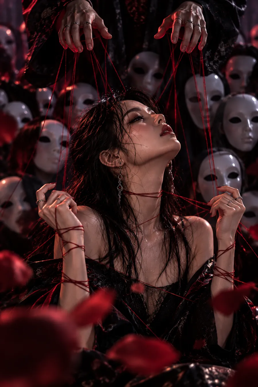 DARK SAJU 챕터 2 반복의 고리 — 붉은 실에 손목이 묶인 채 수많은 하얀 가면 사이에 앉은 여자와 그 실을 쥔 두 손