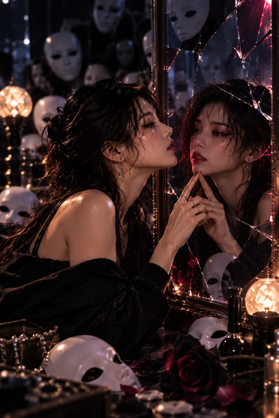DARK SAJU 챕터 3 집착의 스위치 — 깨진 거울에 얼굴을 가까이 대고 거울 속 자신을 바라보는 여자와 주위의 가면들