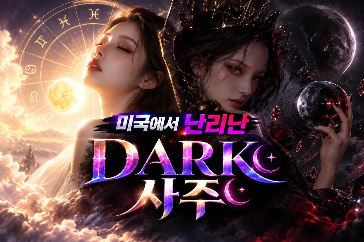 DARK SAJU 챕터 4 질투의 뿌리 — 빛과 어둠으로 나뉜 두 여자와 별자리 원반. 그림 속 문구: 미국에서 난리난 DARK 사주
