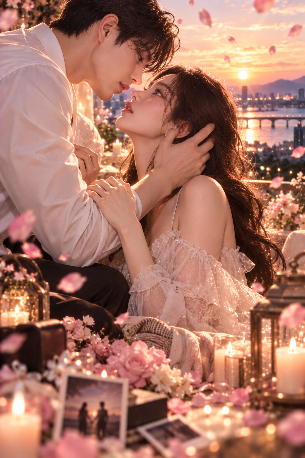 노을 지는 강가에서 서로 이마를 맞대고 목을 가까이 감싸 쥔 두 사람 — 치명적인 끌림, 본능적 매력