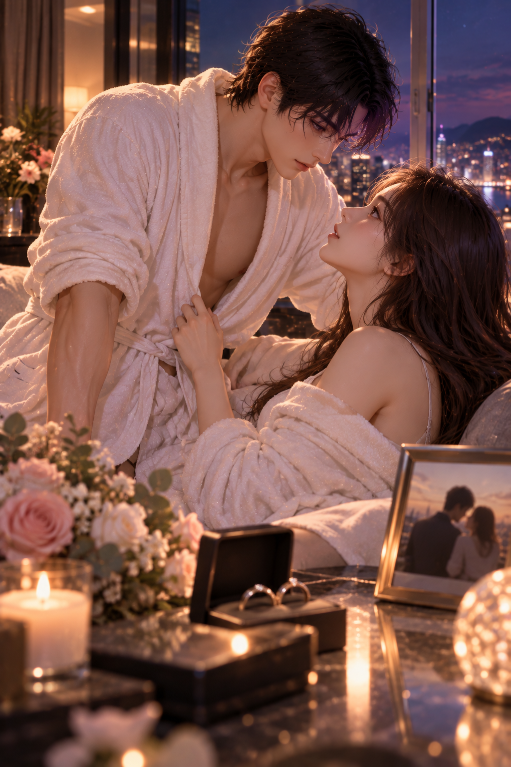 가운 차림으로 소파에 기대어 서로를 바라보는 두 사람, 탁자 위 반지 상자 — 편안함과 짜릿함이 함께 통하는 인연