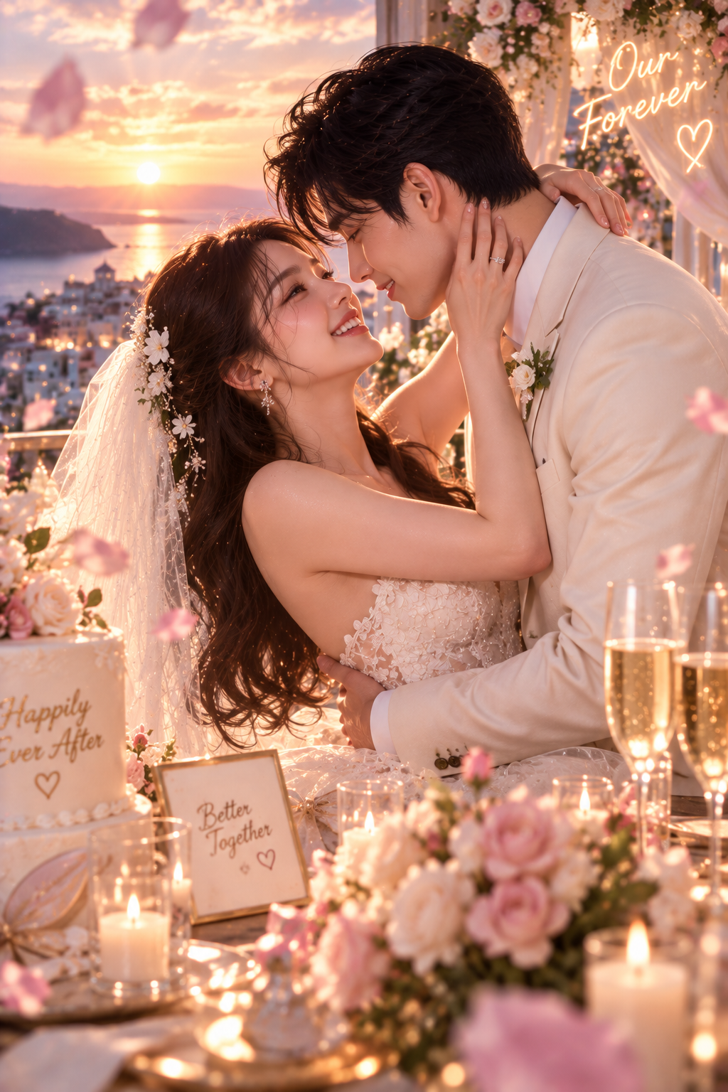 노을 진 바다를 배경으로 샴페인 잔이 놓인 피로연에서 서로를 끌어안은 신랑 신부. 그림 속 문구: Happily Ever After, Our Forever — 올해의 매력 기운