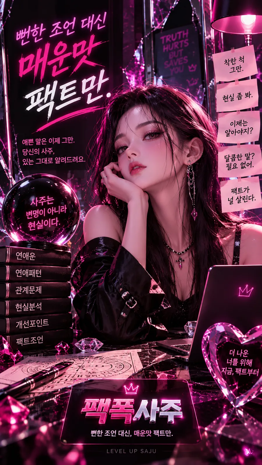 팩폭 사주 소개 — 보랏빛 타로 방에서 턱을 괴고 앉은 여자와 팩폭사주 안내판. 그림 속 문구: 뻔한 조언 대신 매운맛 팩트만, 팩폭사주