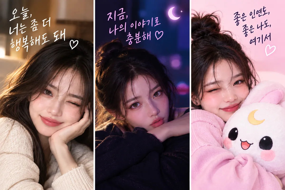 만찬 사주 챕터 1 나의 만찬 캐릭터 — 웃거나 턱을 괴고 이쪽을 바라보는 세 명의 여성이 나란히 놓인 세 컷. 그림 속 문구: 오늘, 너는 좀 더 행복해도 돼 / 지금, 나의 이야기로 충분해 / 좋은 인연도, 좋은 나도, 여기서