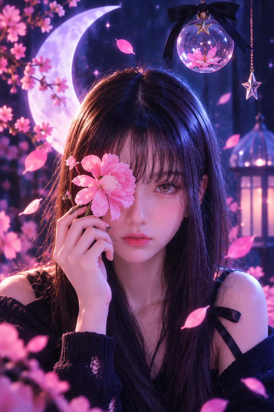 만찬 사주 챕터 2 음식 취향 — 초승달과 벚꽃이 흩날리는 밤, 분홍 꽃으로 한쪽 눈을 가린 채 이쪽을 바라보는 긴 검은 머리의 여성
