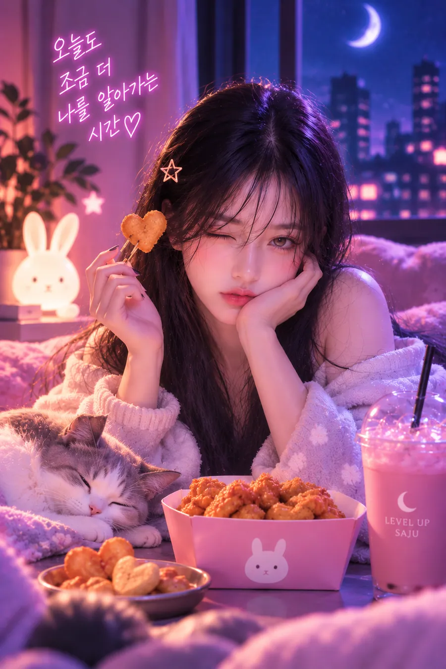 만찬 사주 챕터 3 식사 습관과 혼밥 — 하트 모양 너겟을 집어 든 채 윙크하며 턱을 괴고 엎드린 여성. 앞에는 치킨 상자와 분홍 음료, 곁에는 잠든 고양이. 그림 속 문구: 오늘도 조금 더 나를 알아가는 시간