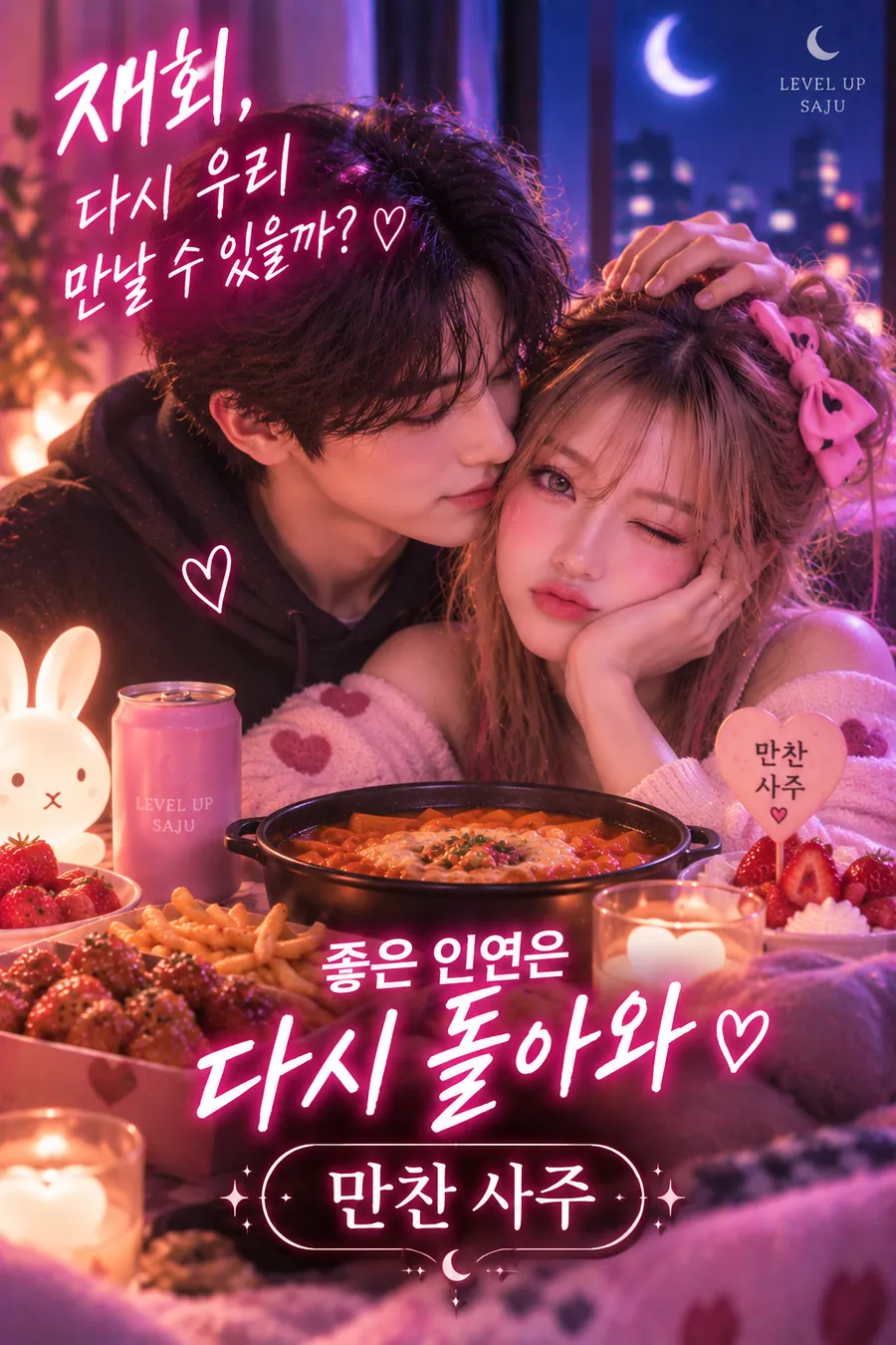 만찬 사주 챕터 7 만찬 상황 시뮬레이션 — 음식이 가득한 식탁 위에서 서로 머리를 맞대고 다정하게 기대 있는 두 사람. 그림 속 문구: 재회, 다시 우리 만날 수 있을까? / 좋은 인연은 다시 돌아와 / 만찬 사주