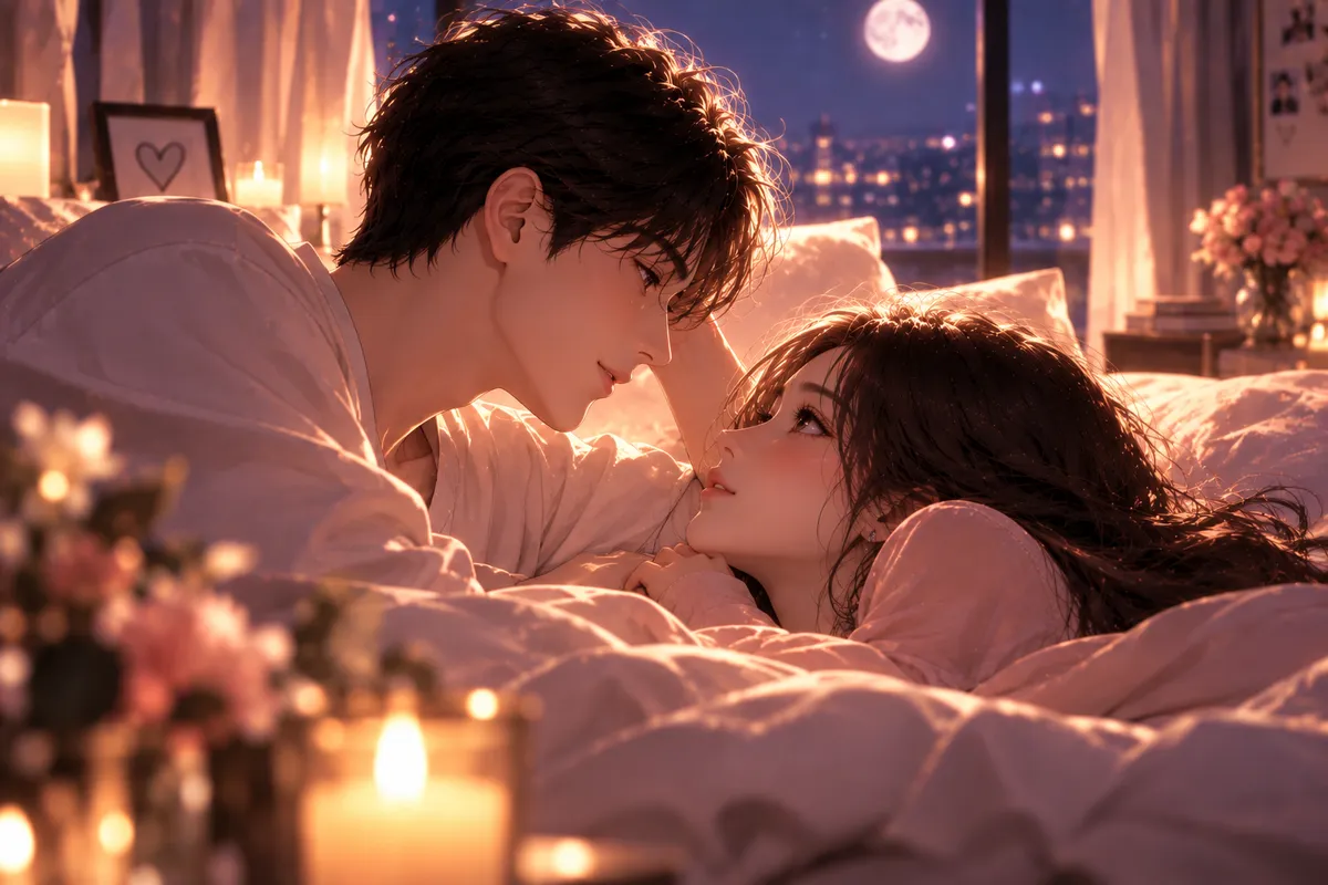 결혼 궁합 사주 챕터 4 태어난 해의 궁합 — 달빛이 드는 창가 침대에서 서로 가까이 마주 보는 두 사람과 촛불