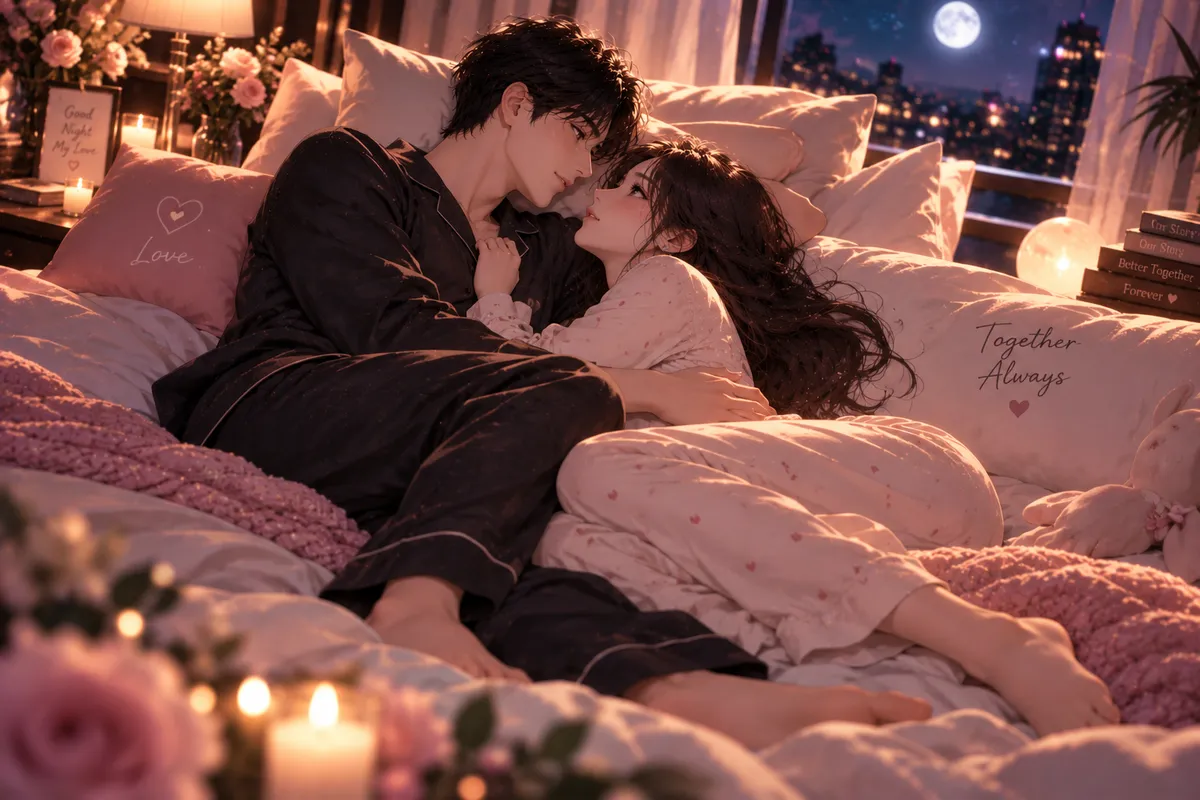결혼 궁합 사주 챕터 5 가정을 대하는 태도 — 달이 뜬 밤 포근한 침대에서 파자마 차림으로 서로 기대어 쉬는 두 사람