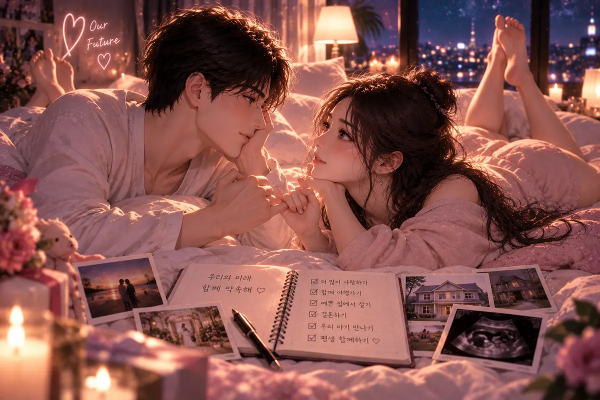 결혼 궁합 사주 챕터 9 운명의 인연 — Our Future 네온 하트 아래 침대에 엎드려 수첩과 사진, 초음파 사진을 앞에 두고 앞날을 이야기하는 두 사람