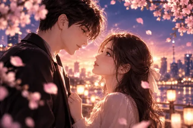 결혼 궁합 사주 챕터 시작 — 노을 진 도시, 음양 하트와 별자리, 결혼식 장면이 차례로 바뀌며 이어지는 두 사람의 이야기