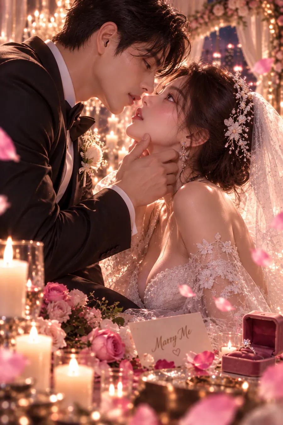 결혼 사주 챕터 3 결혼 시기 — 촛불과 반지 상자가 놓인 장미 꽃잎 위에서 신랑이 신부의 턱을 살며시 받쳐 입을 맞추려는 장면, 손글씨 카드가 놓여 있다