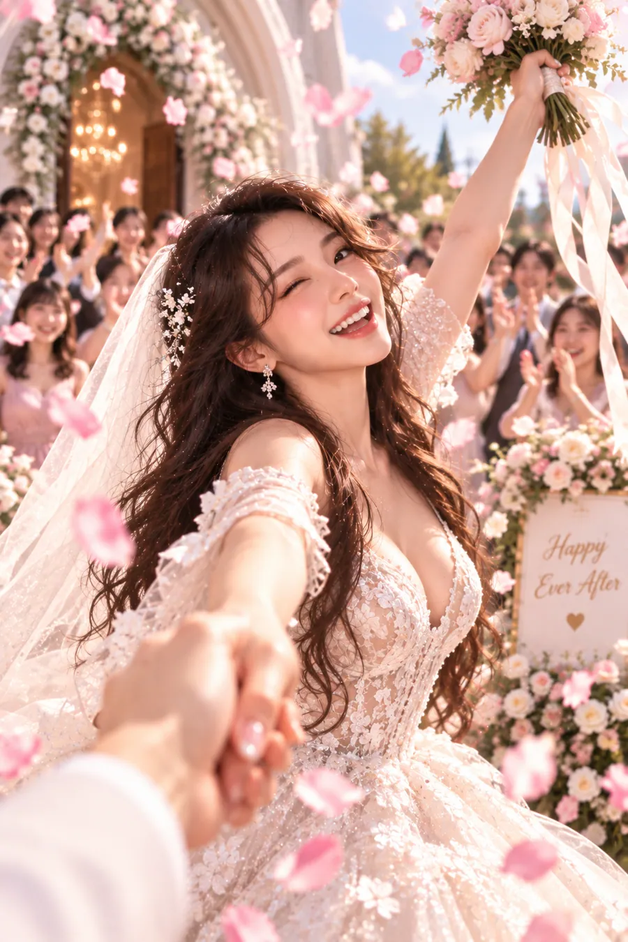 결혼 사주 챕터 6 올해의 신호 — 부케를 높이 들고 윙크하며 카메라 쪽으로 손을 내미는 웨딩드레스 차림의 신부, 꽃으로 꾸민 예식장과 하객들. 그림 속 문구: Happily Ever After