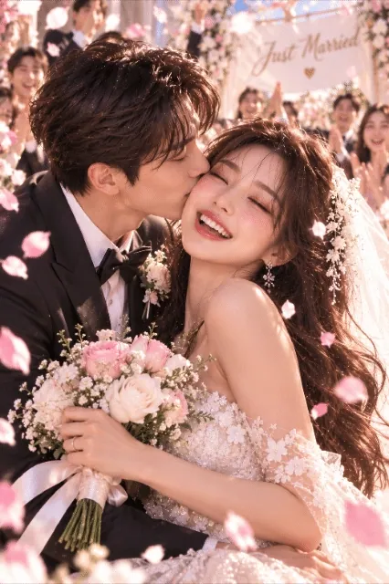 결혼 사주 챕터 7 결혼생활 걸림돌 — 꽃잎이 흩날리는 예식장에서 신랑이 신부의 볼에 입을 맞추고 서로 끌어안고 웃는 장면이 두 컷으로 바뀐다. 그림 속 문구: Just Married