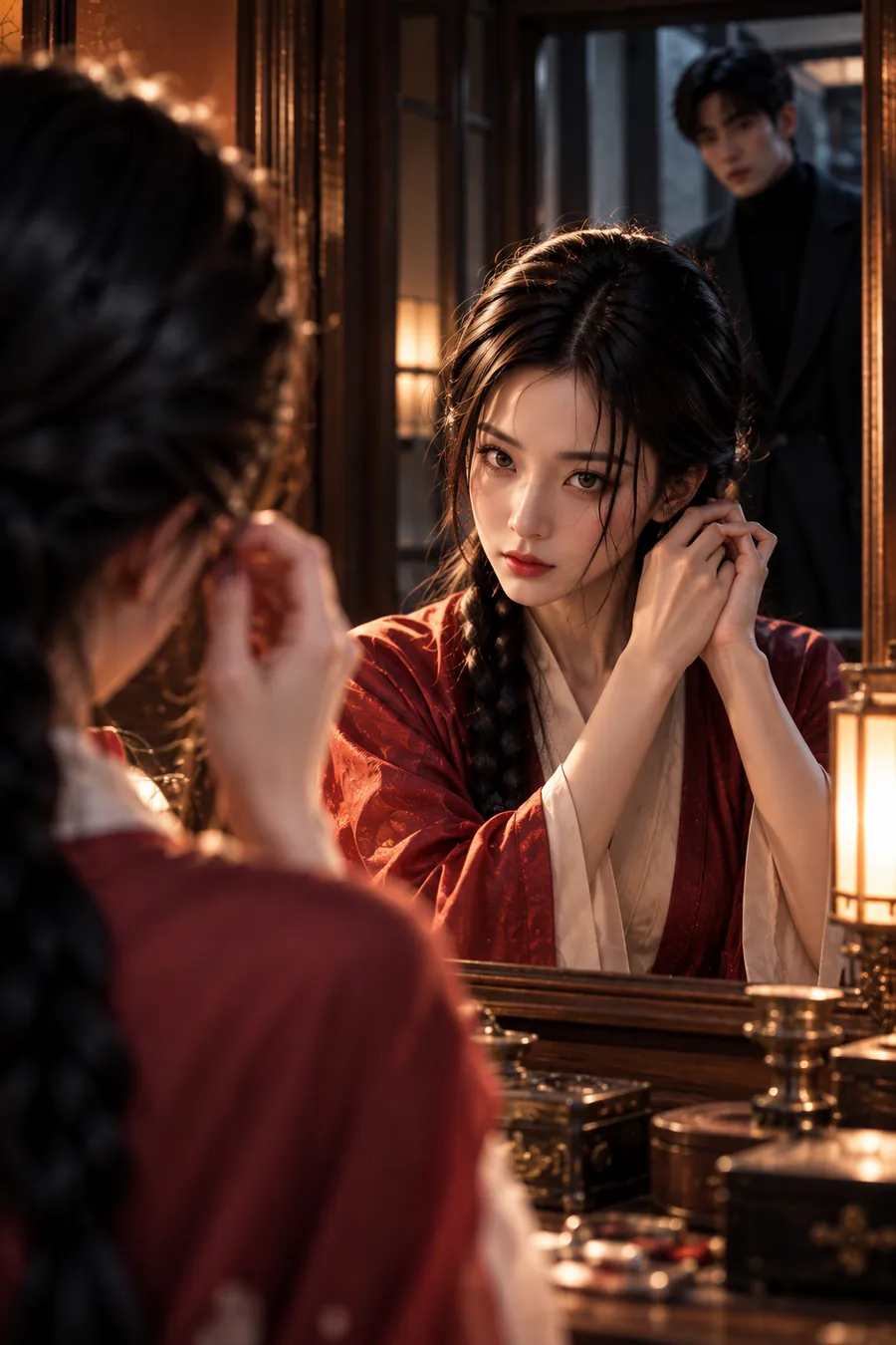 명궁 챕터 1 성격 & 기질 — 화장대 거울 앞에서 머리를 매만지며 거울 속 자신을 바라보는 여성, 뒤로 어두운 정장 차림의 남자가 비친다 — 겉모습 너머의 진짜 기질을 들여다보는 순간