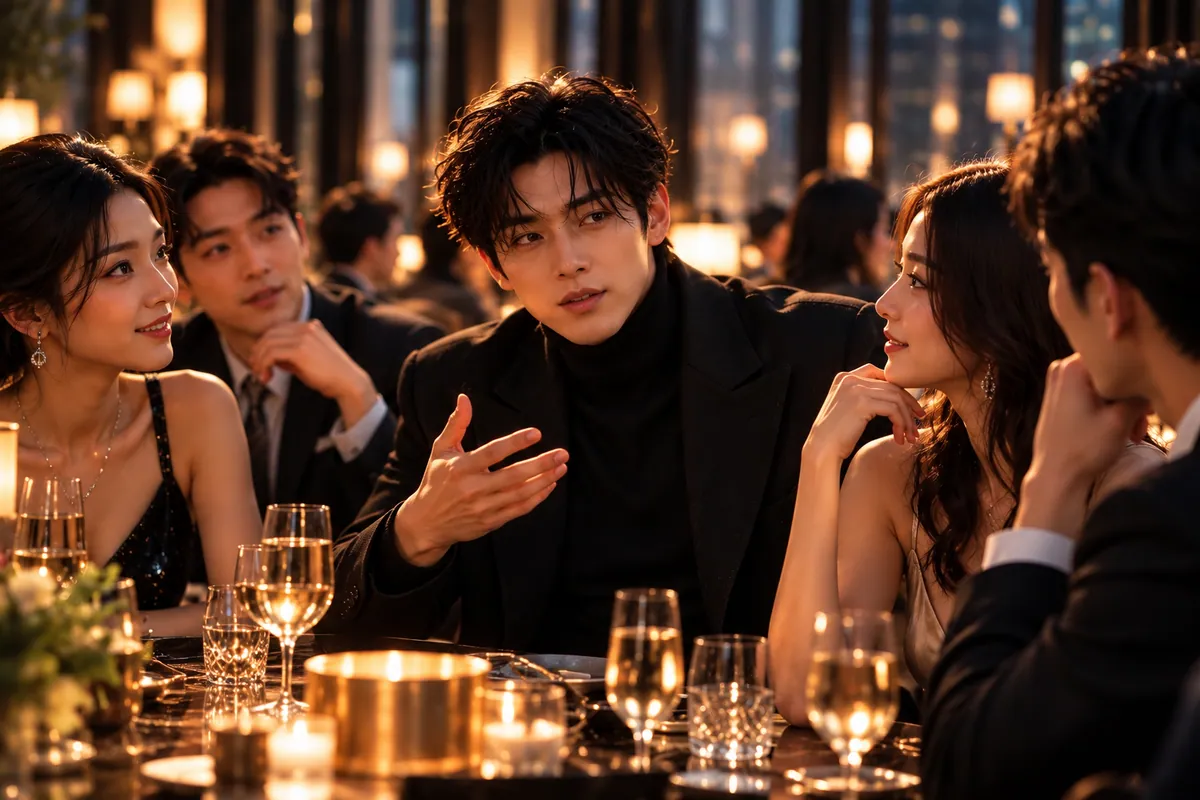 명궁 챕터 6 곁의 별들 — 저녁 만찬 자리에서 이야기를 나누는 남자에게 양옆 사람들의 시선과 관심이 자연스럽게 모인다 — 명궁을 채우는 보좌살성