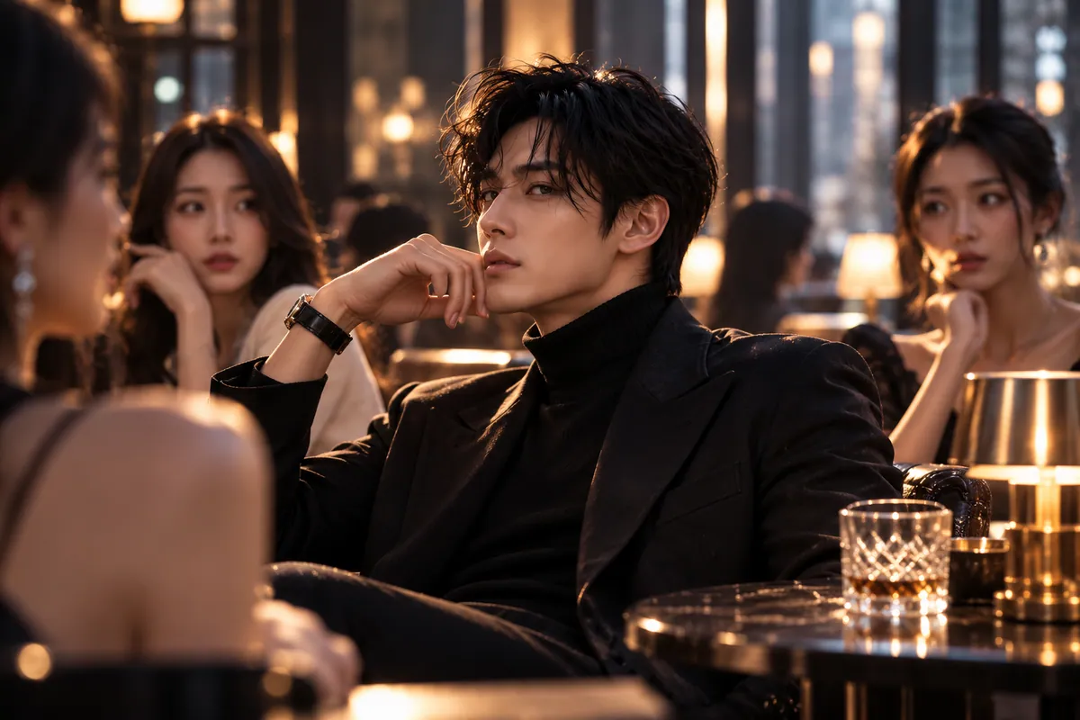 명궁 챕터 7 내면의 진짜 나 — 바 테이블에서 턱을 괴고 생각에 잠긴 남자, 주위 사람들의 시선에도 흔들림 없는 표정 — 겉으로 드러나지 않는 진짜 만족의 자리