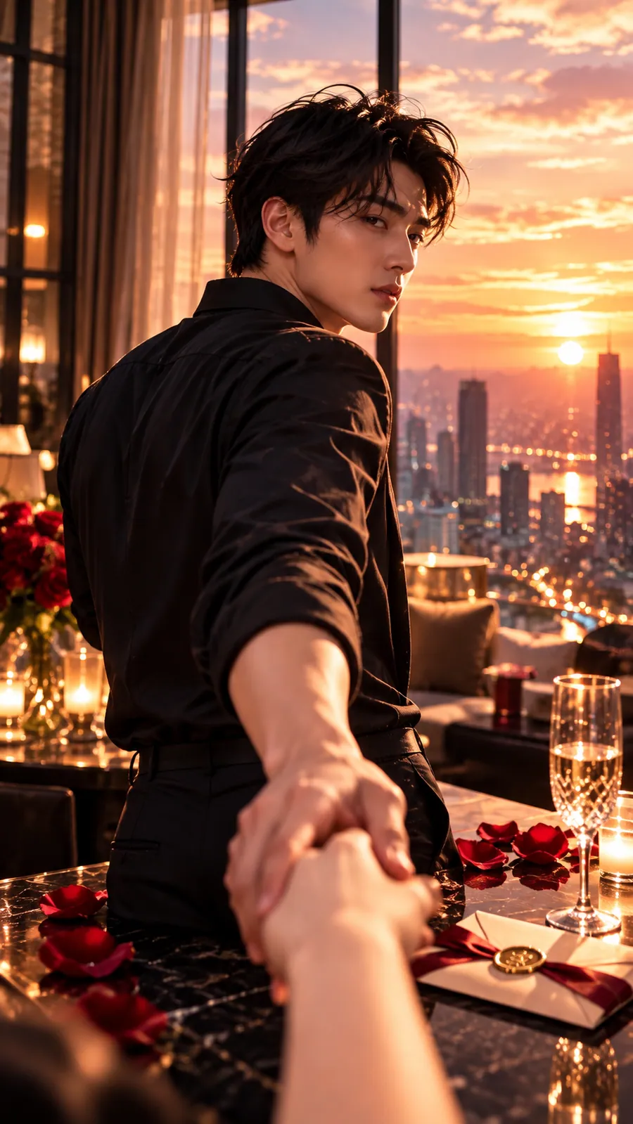 명궁 챕터 8 본질 & 핵심 — 노을 진 도시가 내려다보이는 테라스에서 장미 꽃잎과 초대장이 놓인 테이블 너머로 손을 내미는 남자 — 변하지 않는 나의 핵심 가치