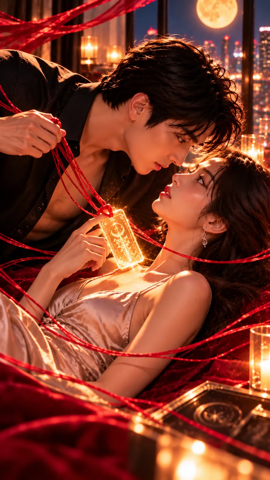 명궁 마무리 — 보름달 아래 붉은 실로 이어진 목걸이를 사이에 두고 마주 보는 두 사람 — 지금까지 살펴본 나의 본질과 이어지는 인연의 실마리