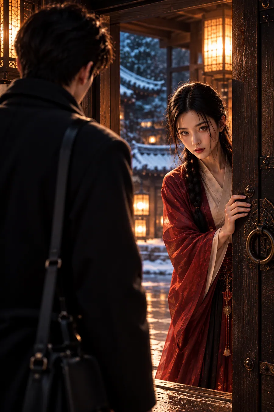 명궁 소개 — 눈 내린 밤 기와집 대문을 살짝 열고 붉은 한복 차림으로 문 앞의 남자를 마주 보는 여성 — 명궁 풀이가 시작되는 자리