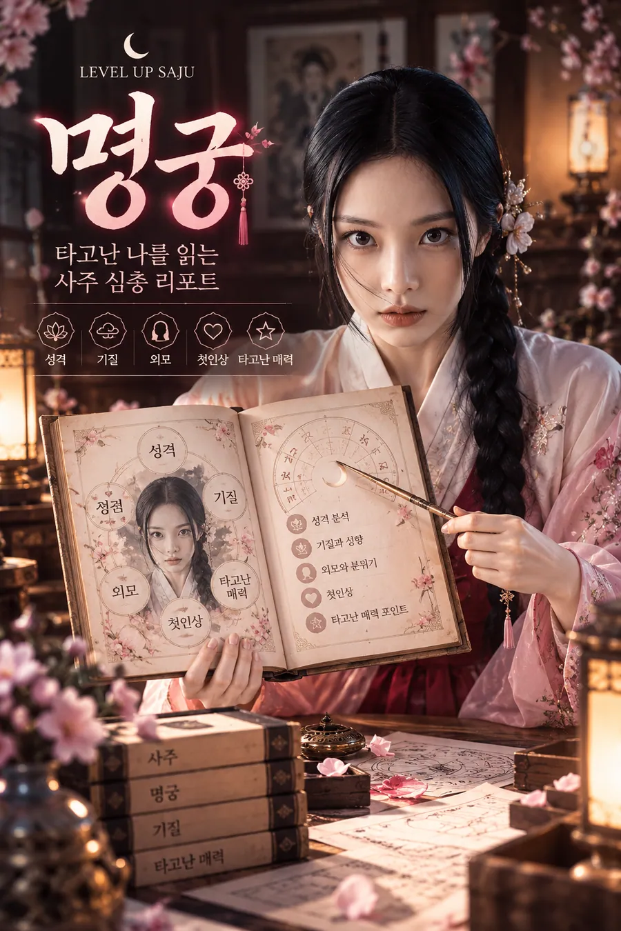 명궁 소개 — 한복 차림 여성이 성격·기질·외모·첫인상·타고난 매력 다섯 갈래가 그려진 고서를 펼쳐 보이는 장면. 그림 속 문구: LEVEL UP SAJU 명궁, 타고난 나를 읽는 사주 심층 리포트, 성격·기질·외모·첫인상·타고난 매력