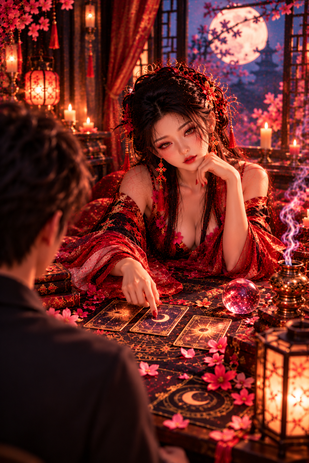 무녀가 세 장의 타로 카드를 펼쳐 놓고 손끝으로 가리키는 장면 — 지금 이 순간의 연애 타이밍을 짚어보는 리딩