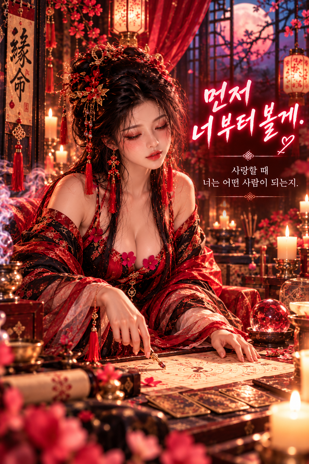무녀가 턱을 괴고 이쪽을 바라보는 장면. 그림 속 문구: 먼저 너부터 볼게. 사랑할 때 너는 어떤 사람이 되는지.