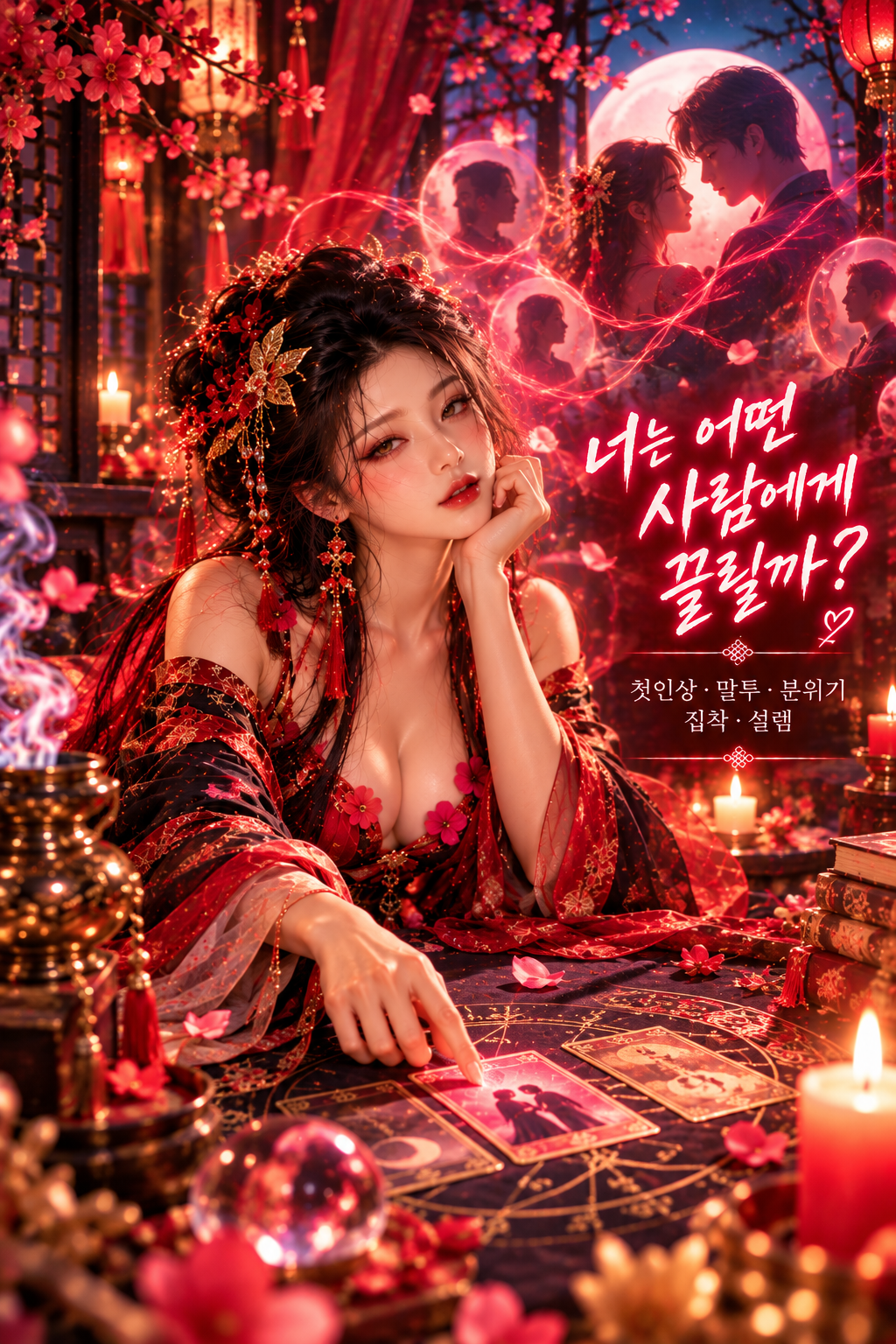 무녀 뒤로 사랑에 빠진 두 사람의 실루엣이 달빛 속에 떠오르는 장면. 그림 속 문구: 너는 어떤 사람에게 끌릴까? 첫인상·말투·분위기·집착·설렘