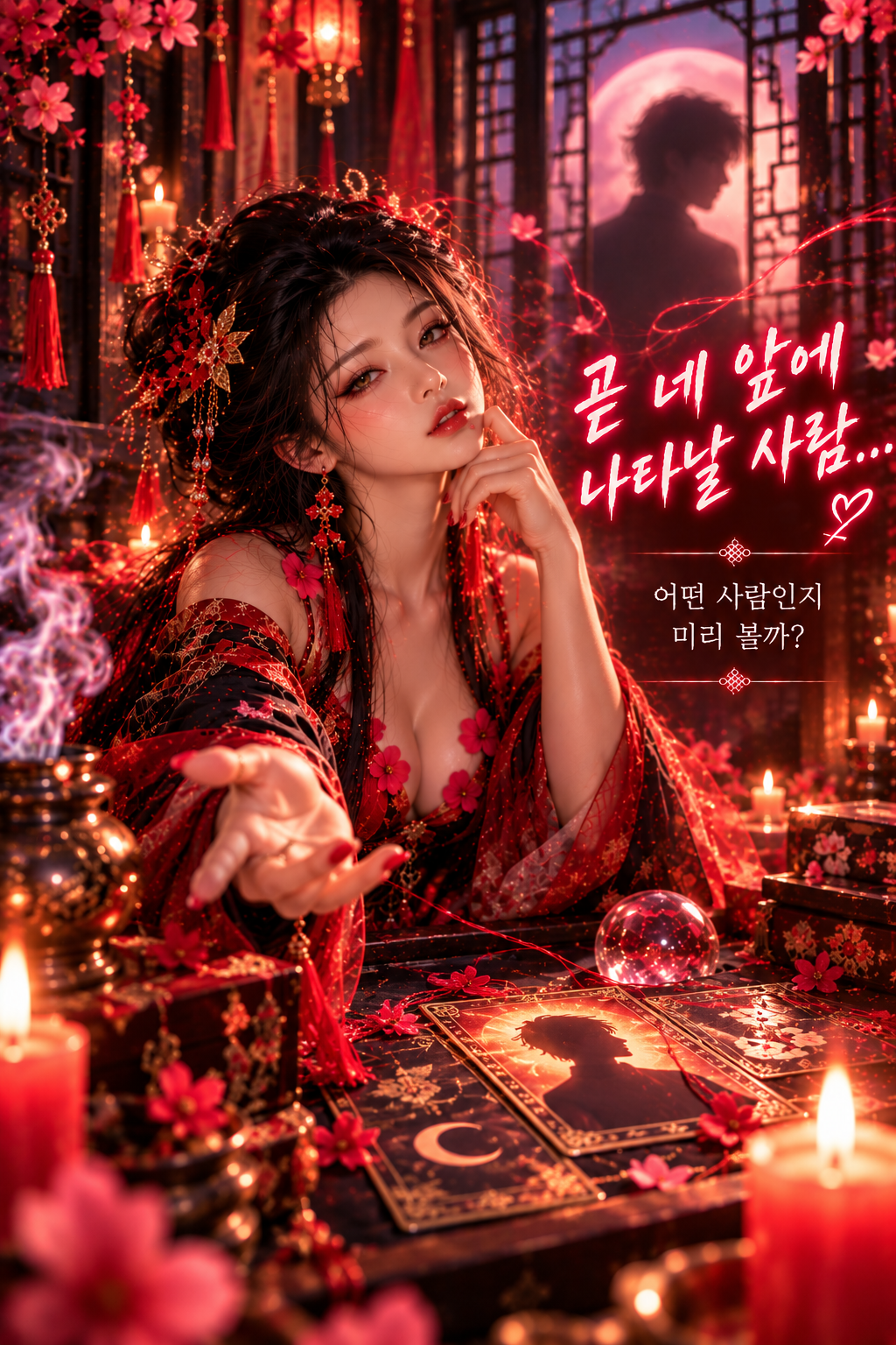무녀가 손을 내밀며 창밖 남자의 실루엣을 가리키는 장면. 그림 속 문구: 곧 네 앞에 나타날 사람... 어떤 사람인지 미리 볼까?