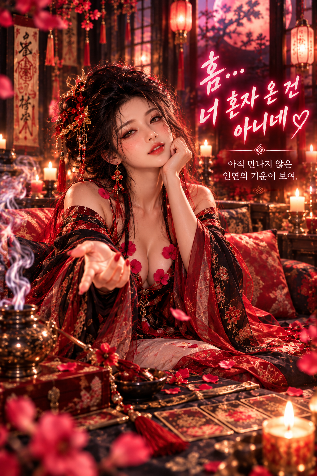 무녀가 턱을 괴고 다른 손을 앞으로 뻗는 장면. 그림 속 문구: 흠... 너 혼자 온 건 아니네 — 아직 만나지 않은 인연의 기운이 보여.