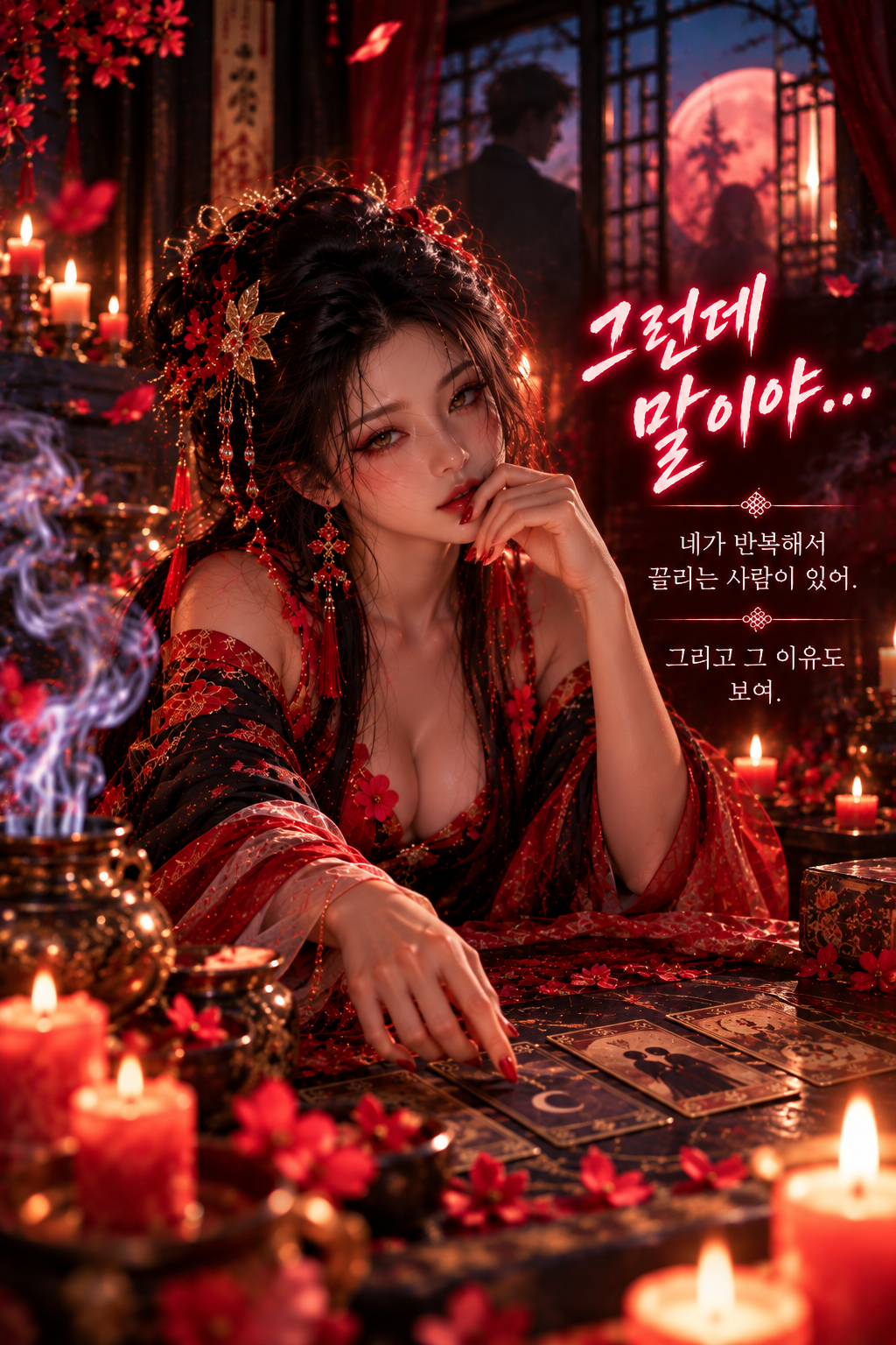 무녀가 턱을 괴고 그윽한 표정으로 카드를 내려다보는 장면. 그림 속 문구: 그런데 말이야... 네가 반복해서 끌리는 사람이 있어. 그리고 그 이유도 보여.