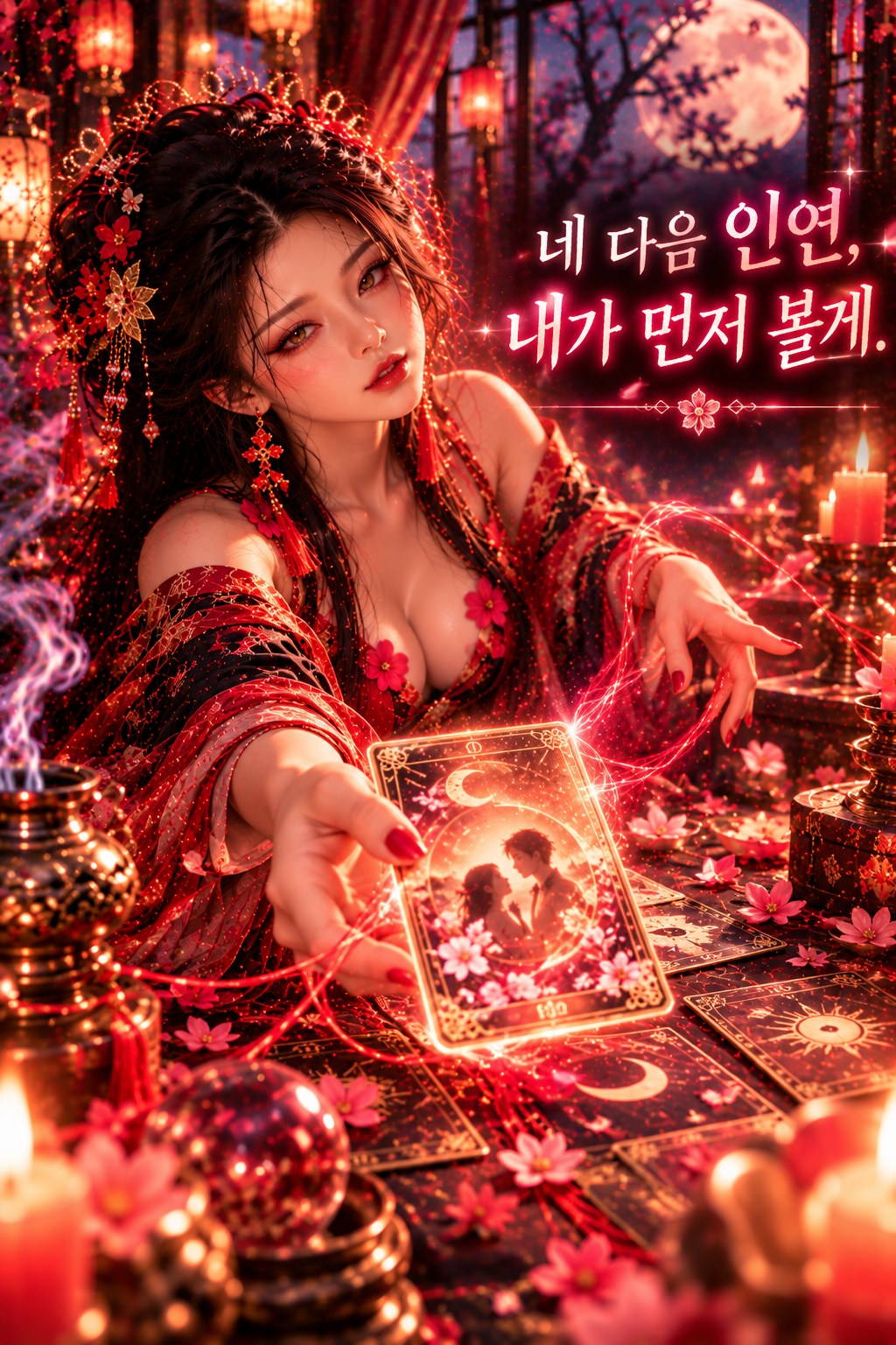 무녀가 커플 카드를 손에 들고 내미는 장면. 그림 속 문구: 네 다음 인연, 내가 먼저 볼게.