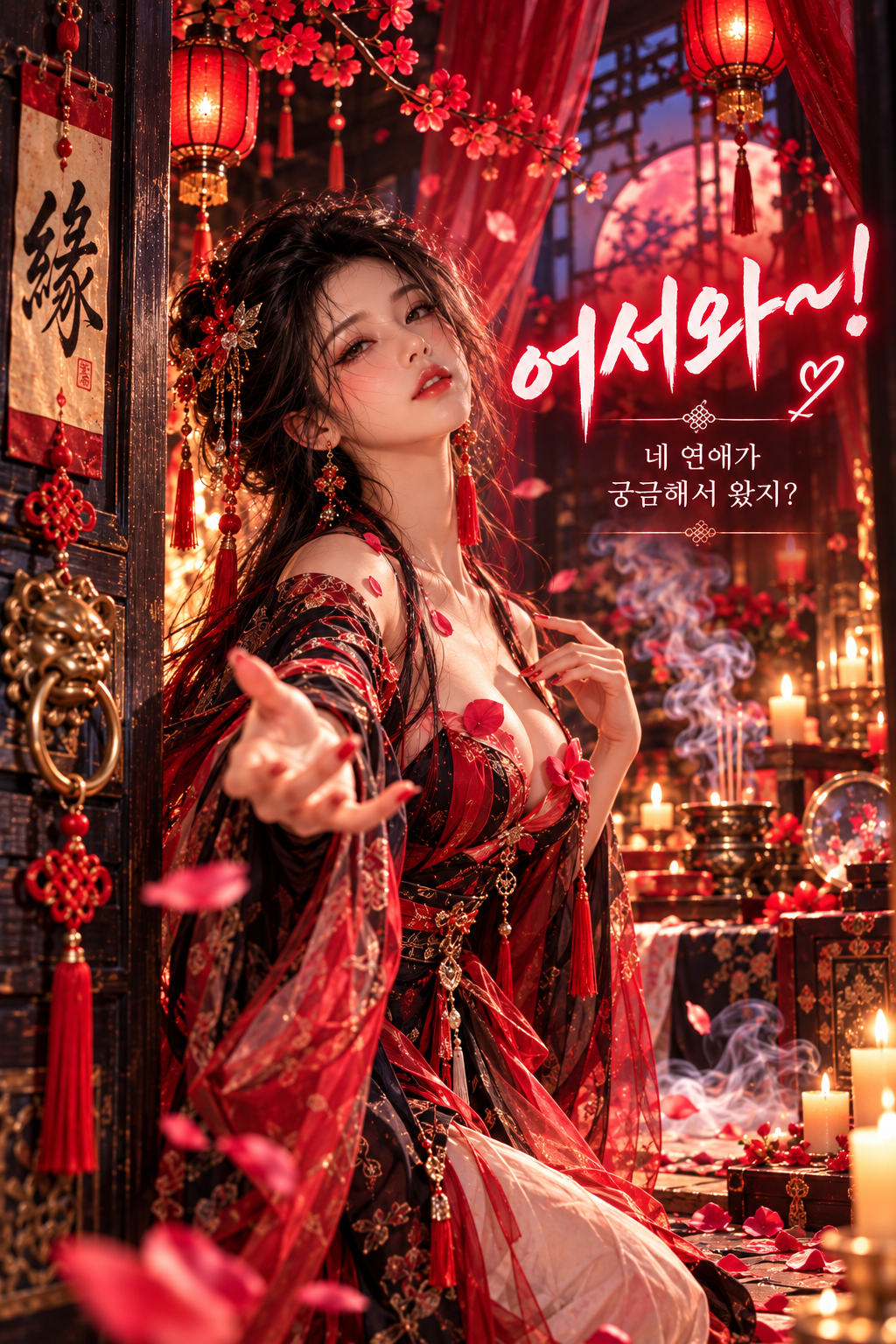 무녀가 손을 내밀며 맞이하는 장면. 그림 속 문구: 어서와~! 네 연애가 궁금해서 왔지?