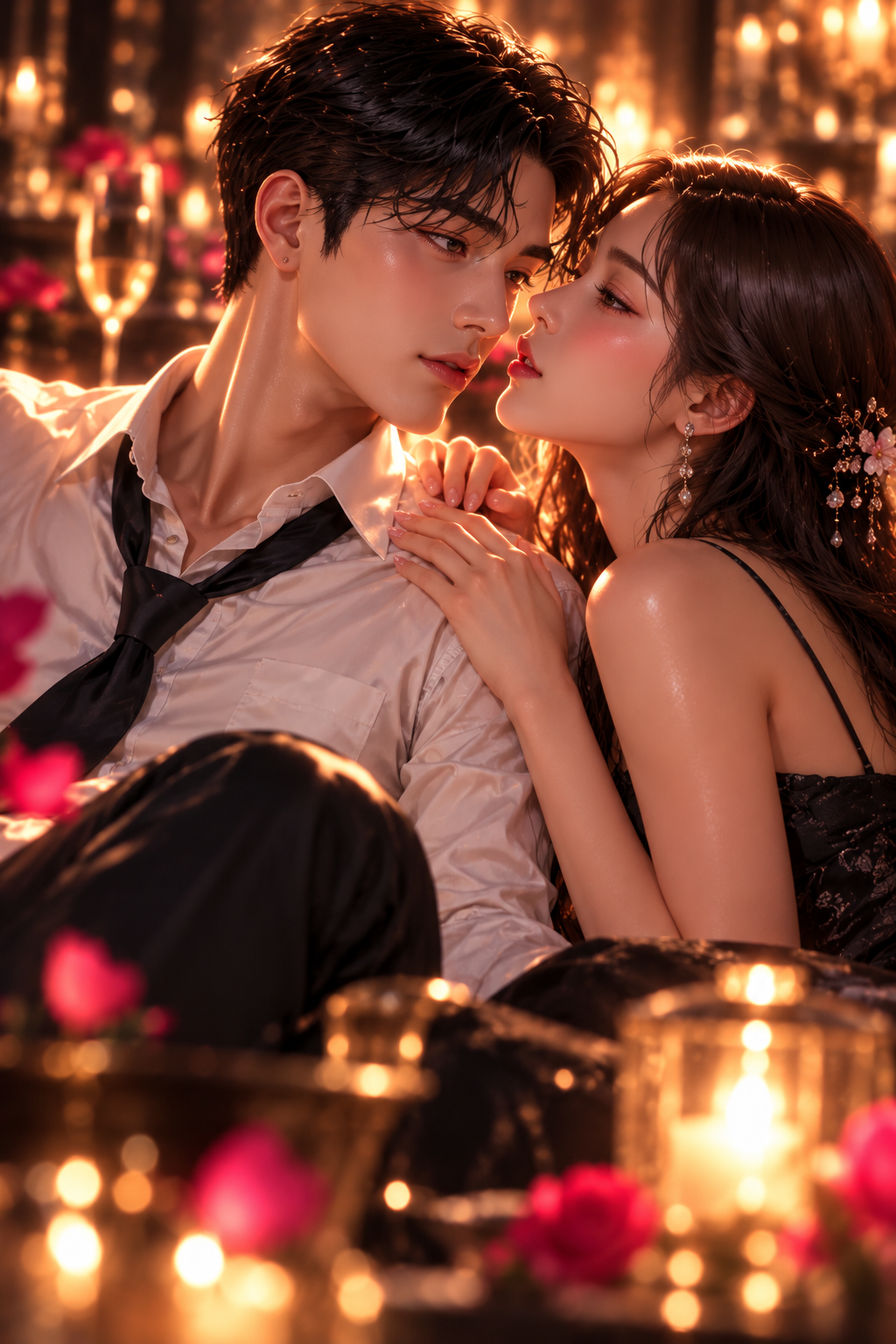 넥타이를 맨 남자와 다정하게 기대앉은 여자가 서로를 가까이 바라보는 장면 — 지금 두 사람 관계의 흐름