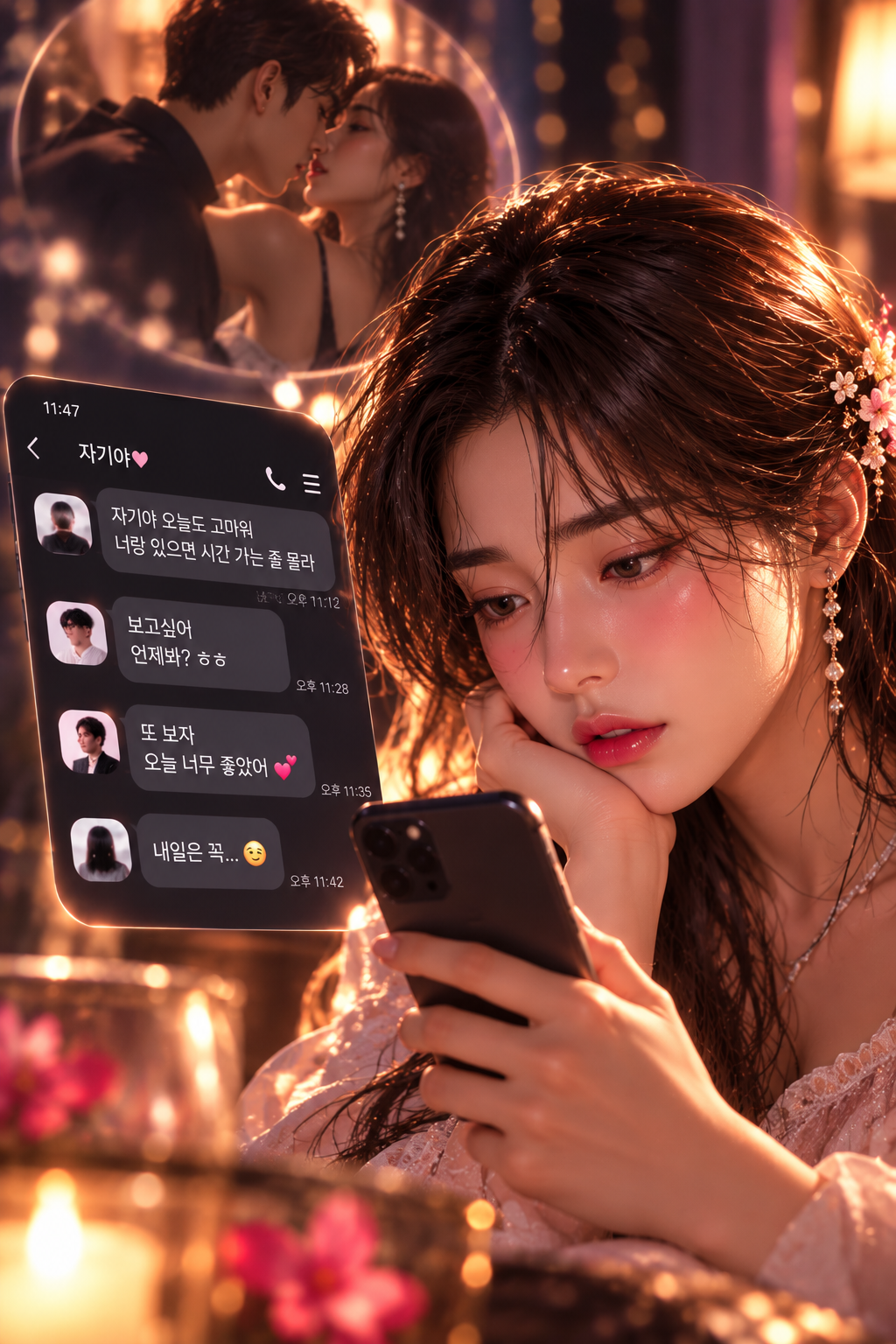 휴대폰 메신저 속 낯선 사람들의 다정한 메시지를 발견하고 굳은 표정을 짓는 여자, 위로 두 사람이 입맞추는 장면이 떠오른다 — 불안을 키우는 순간