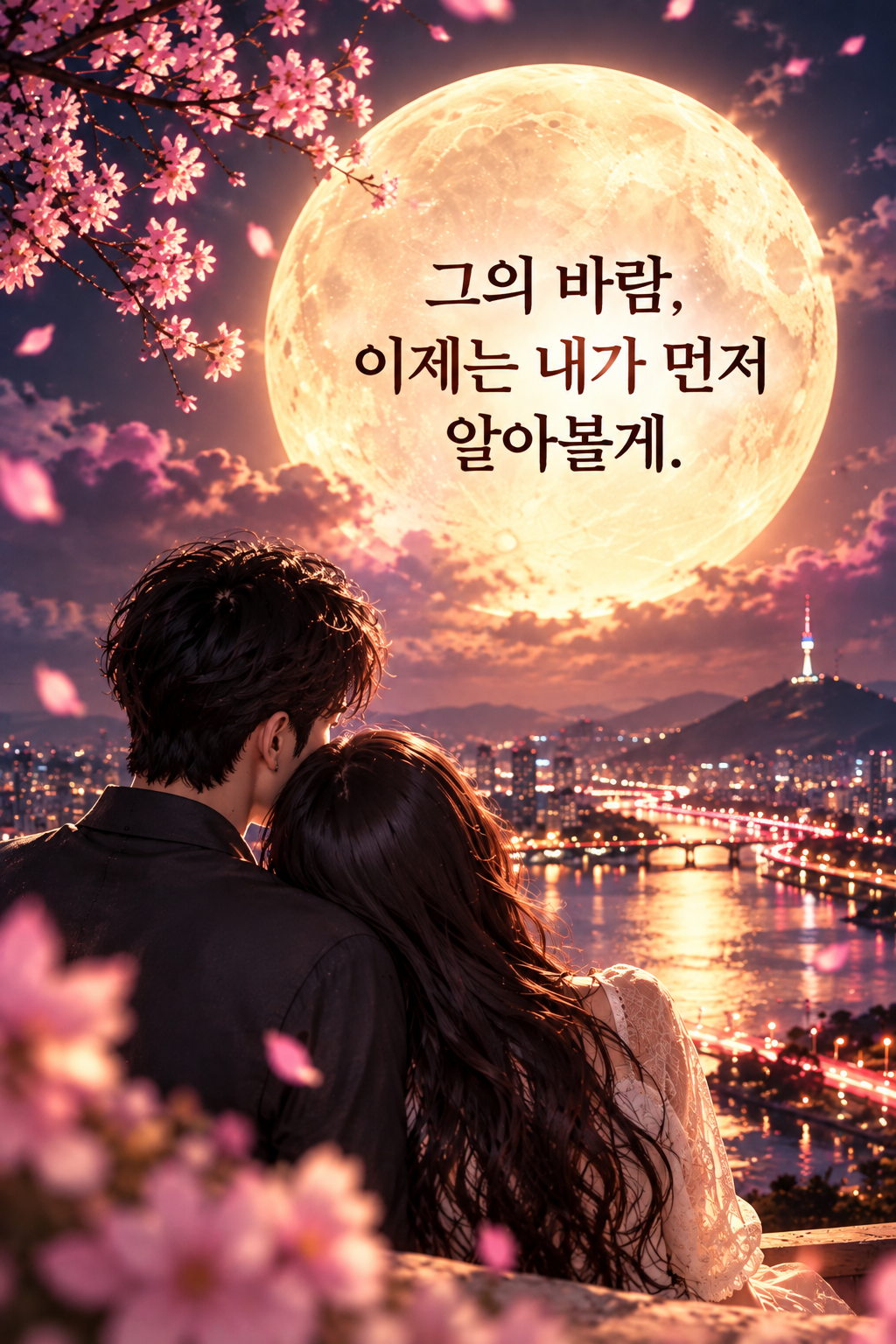 보름달이 뜬 도시 야경을 함께 바라보는 두 사람. 그림 속 문구: 그의 바람, 이제는 내가 먼저 알아볼게. — 우리 관계의 미래