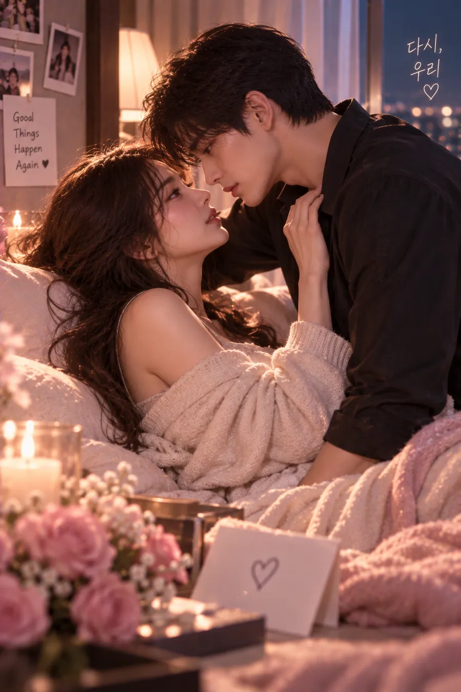 재회 사주 챕터 4 연결 고리 — 촛불과 분홍 장미가 놓인 침대에서 서로를 가까이 바라보는 두 사람, 벽에 붙은 사진들. 그림 속 문구: Good Things Happen Again, 다시, 우리
