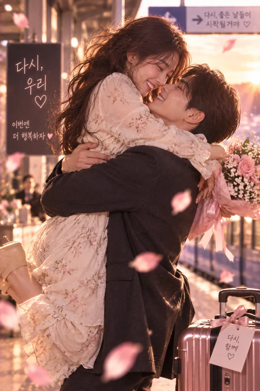 재회 사주 챕터 7 재회의 걸림돌 — 기차역 승강장에서 남자가 여자를 번쩍 안아 올리고 서로 웃는 장면, 분홍 캐리어와 꽃다발. 그림 속 문구: 다시, 우리, 다시, 좋은 날들이 시작될거야, 다시, 함께