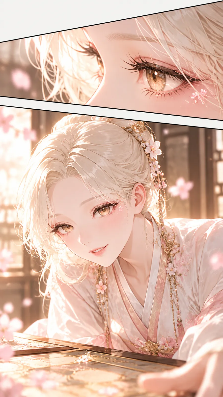 재회 시그널 챕터 3 타고난 리듬 — 두 컷: 위에는 아래를 내려다보는 갈색 눈, 아래에는 탁자에 몸을 기대고 미소 짓는 한복 차림의 여성