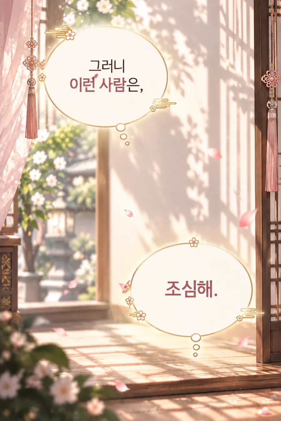 재회 시그널 이야기 — 꽃이 핀 정원이 보이는 마루에 말풍선만 있는 장면. 그림 속 문구: 그러니 이런 사람은, 조심해.